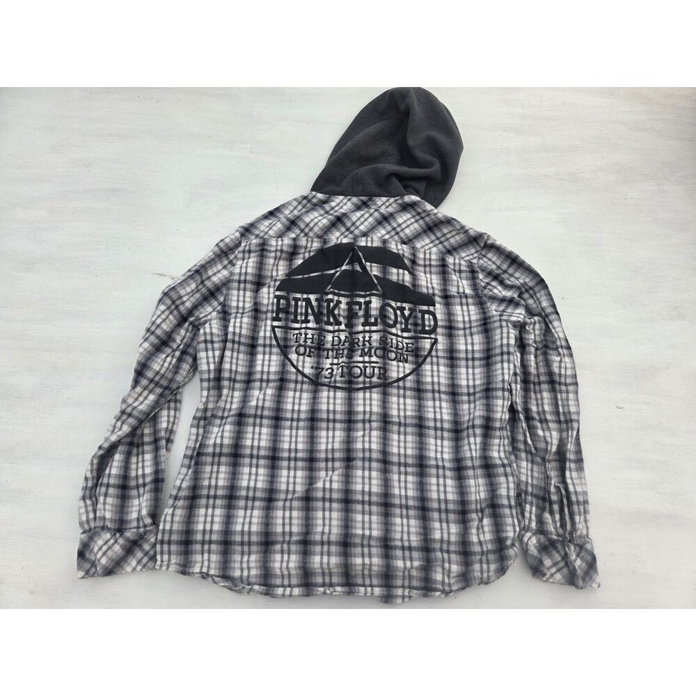 Pink Floyd Hooded Flannel Shirt Men XL Black White Plaid Dark Side Of Moon '73 - Picture 8 of 11
